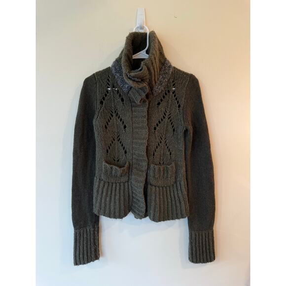 VTG Free People Cardigan Sweater Womens Forest Green Chunky Knit Mock Neck Y2K - Picture 1 of 12